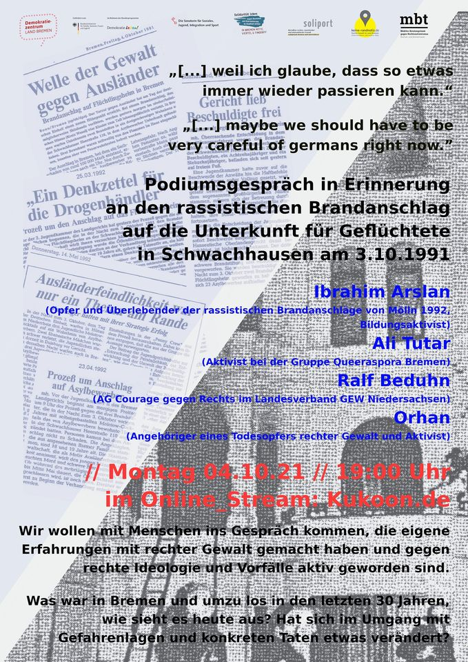 Onlineveranstaltung: Podiumsgespräch: Zum rassistischen Brandanschlag auf die Geflüchtetenunterkunft in Schwachhausen
